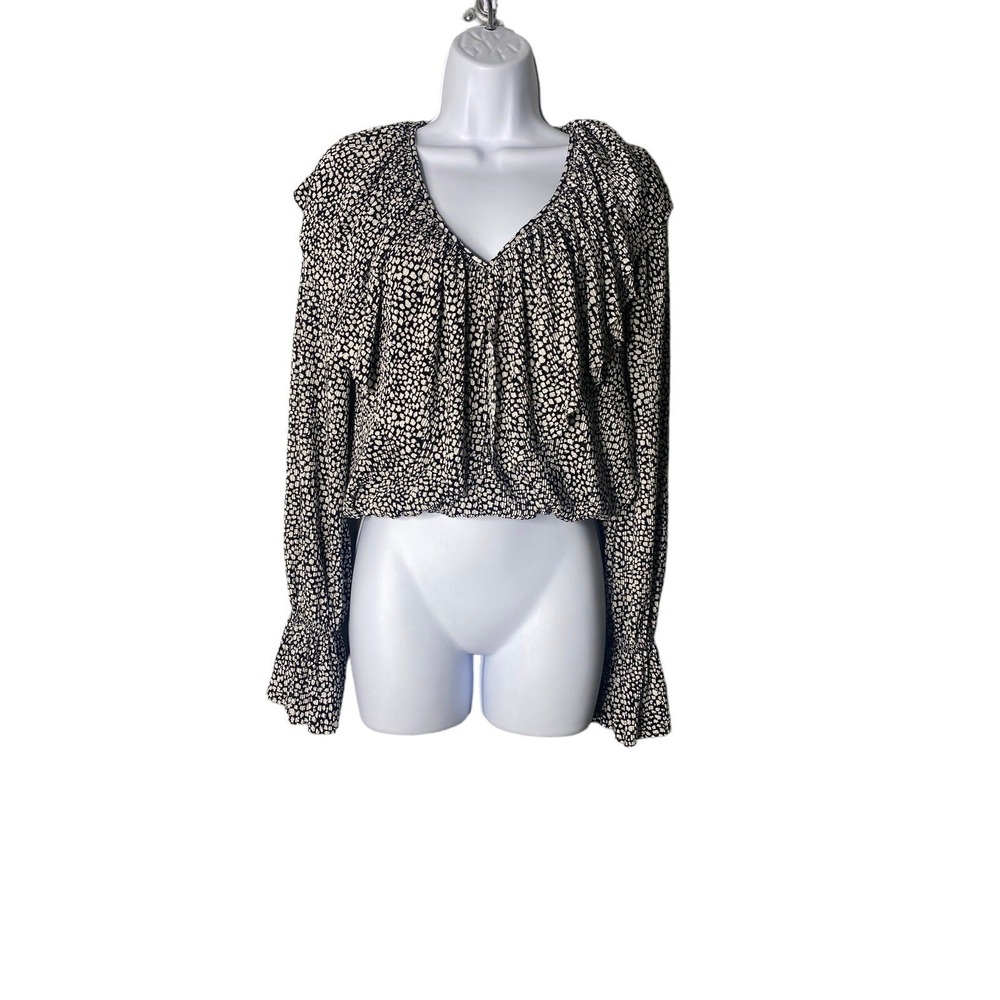 ZARAâ Womens Pleated Printed V-neck Ruffled Top Blouse Long Sleeve Size Medium